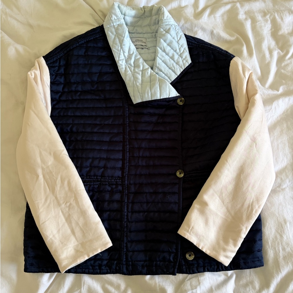 UO Navy Quilted Jacket with Cream Sleeves